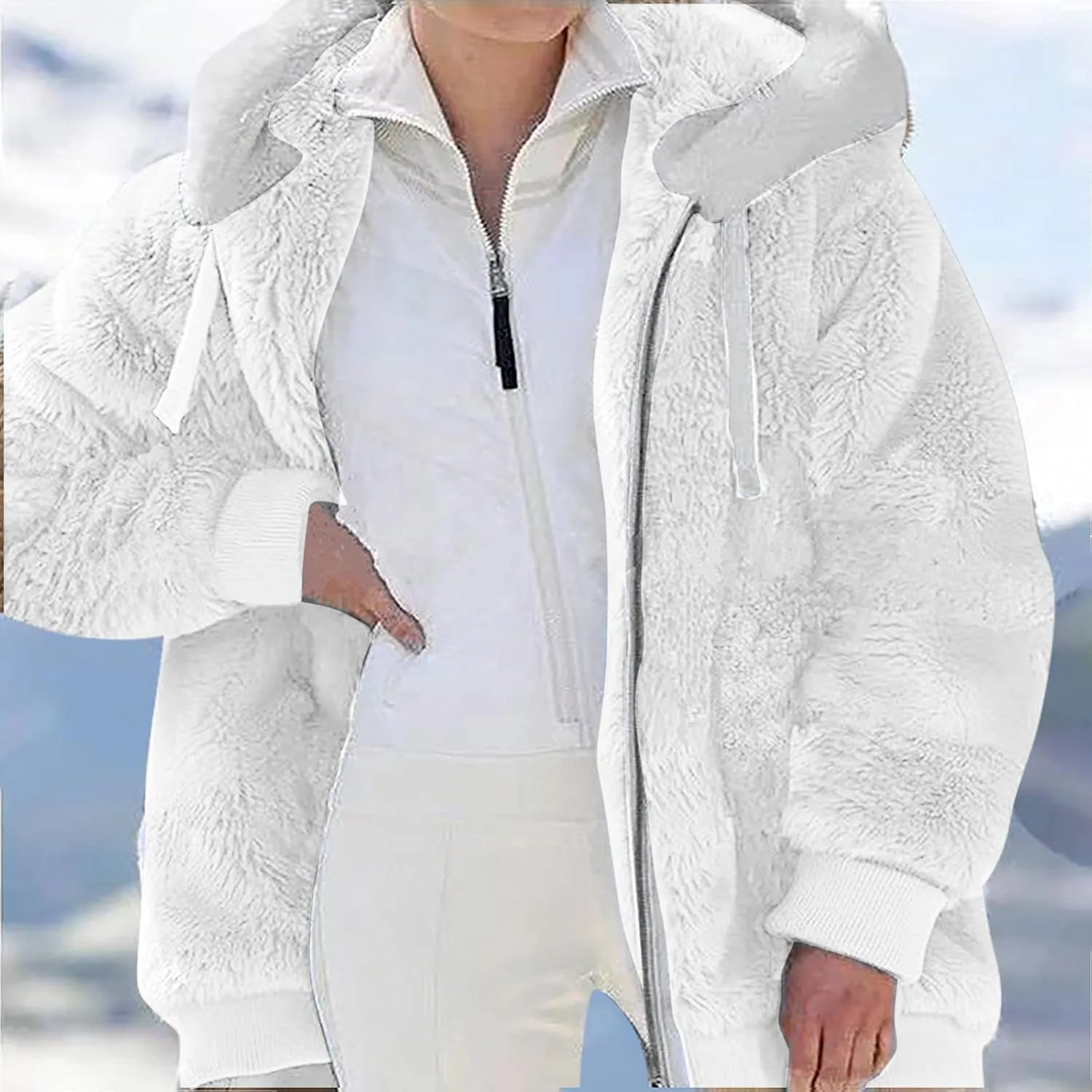 Sherpa Jacket Women Winter Warm Fleece Jackets Oversized Faux Fuzzy Zip up Hoodie Fluffy Outerwear with Pockets