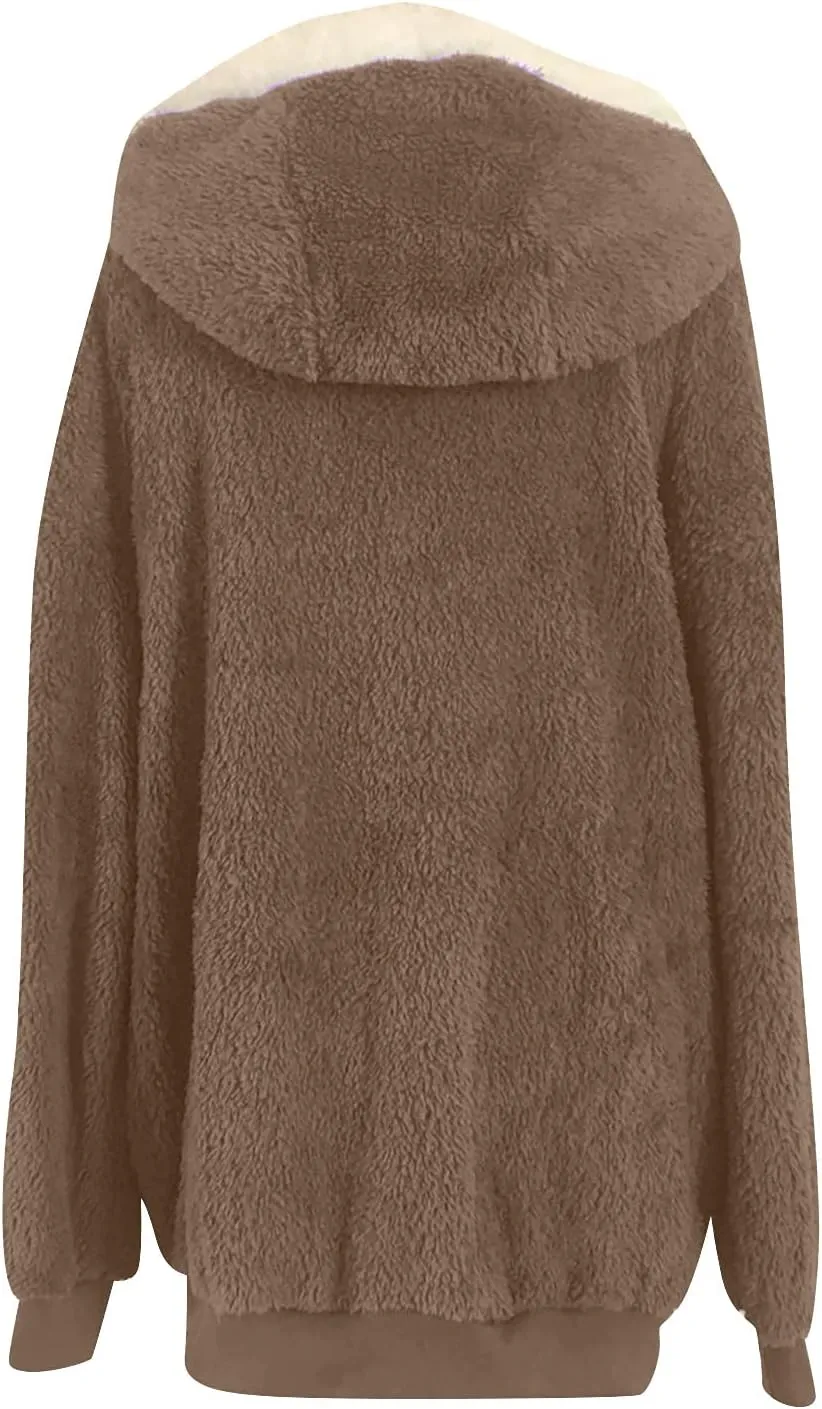 Sherpa Jacket Women Winter Warm Fleece Jackets Oversized Faux Fuzzy Zip up Hoodie Fluffy Outerwear with Pockets
