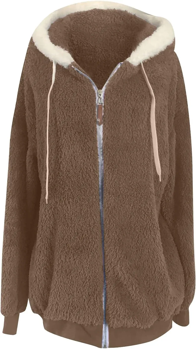 Sherpa Jacket Women Winter Warm Fleece Jackets Oversized Faux Fuzzy Zip up Hoodie Fluffy Outerwear with Pockets