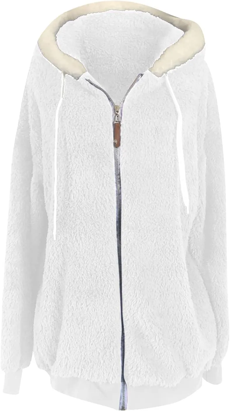 Sherpa Jacket Women Winter Warm Fleece Jackets Oversized Faux Fuzzy Zip up Hoodie Fluffy Outerwear with Pockets