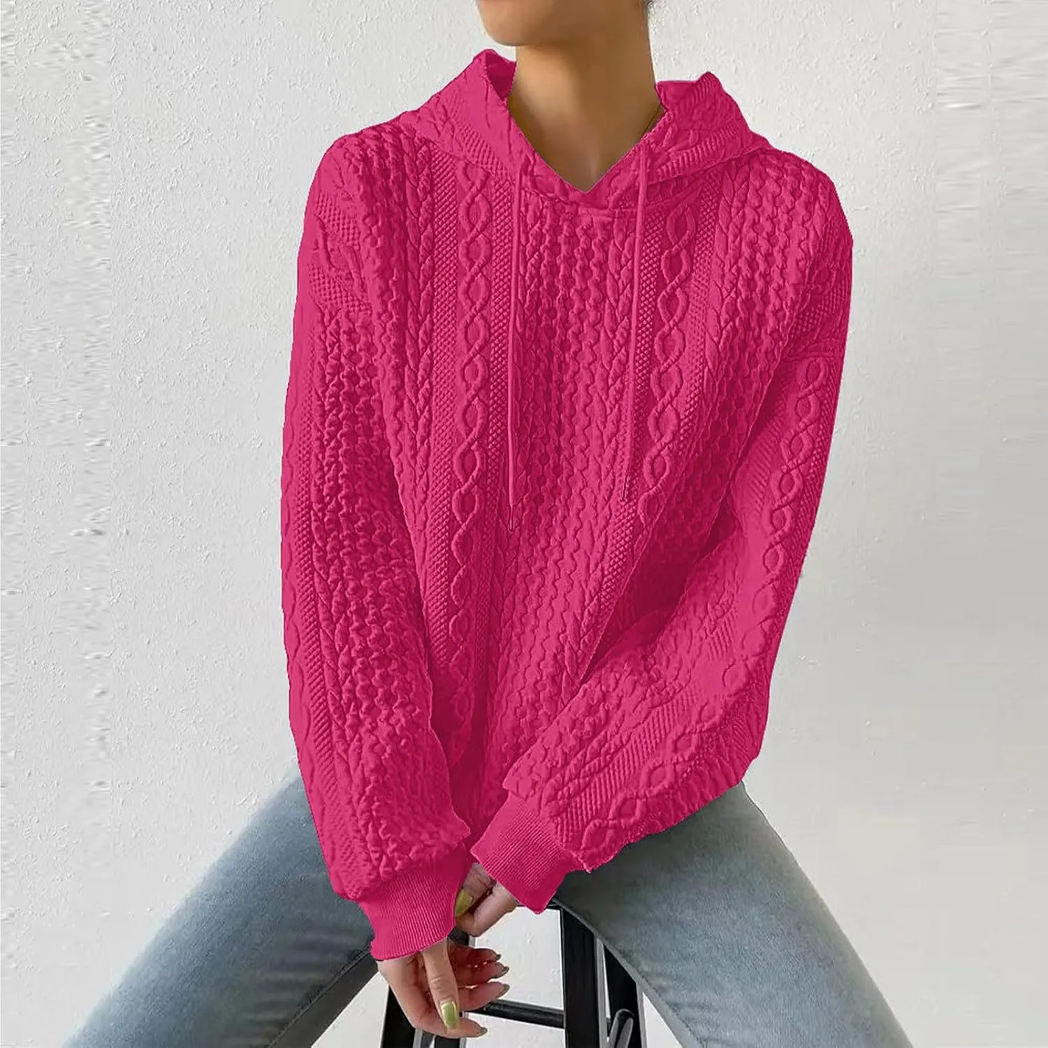 slqdgmryz Oversized Hoodies for Women Plus Size Cable Knit Sweater Loose Fit Drawstring Comfort Hoodie Preppy Sweatshirt