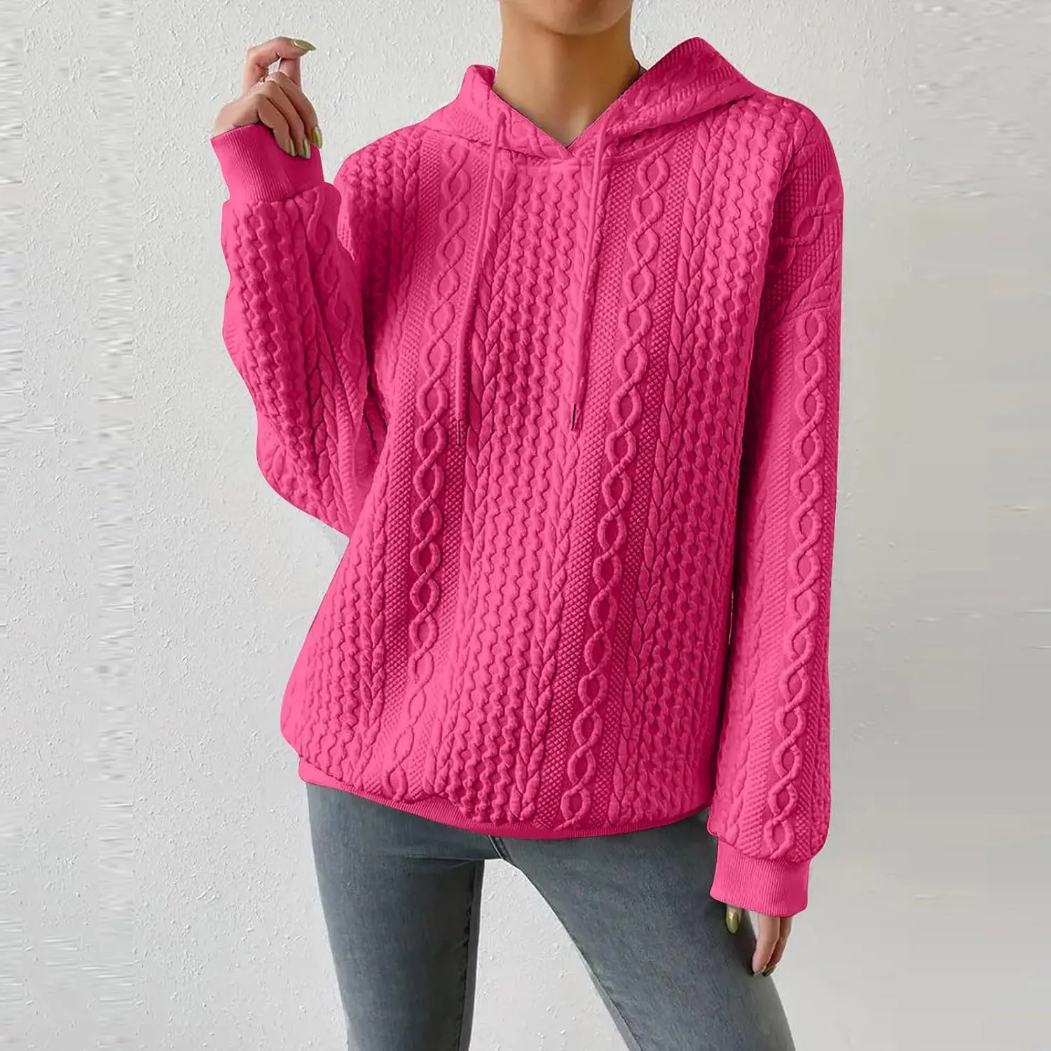 slqdgmryz Oversized Hoodies for Women Plus Size Cable Knit Sweater Loose Fit Drawstring Comfort Hoodie Preppy Sweatshirt