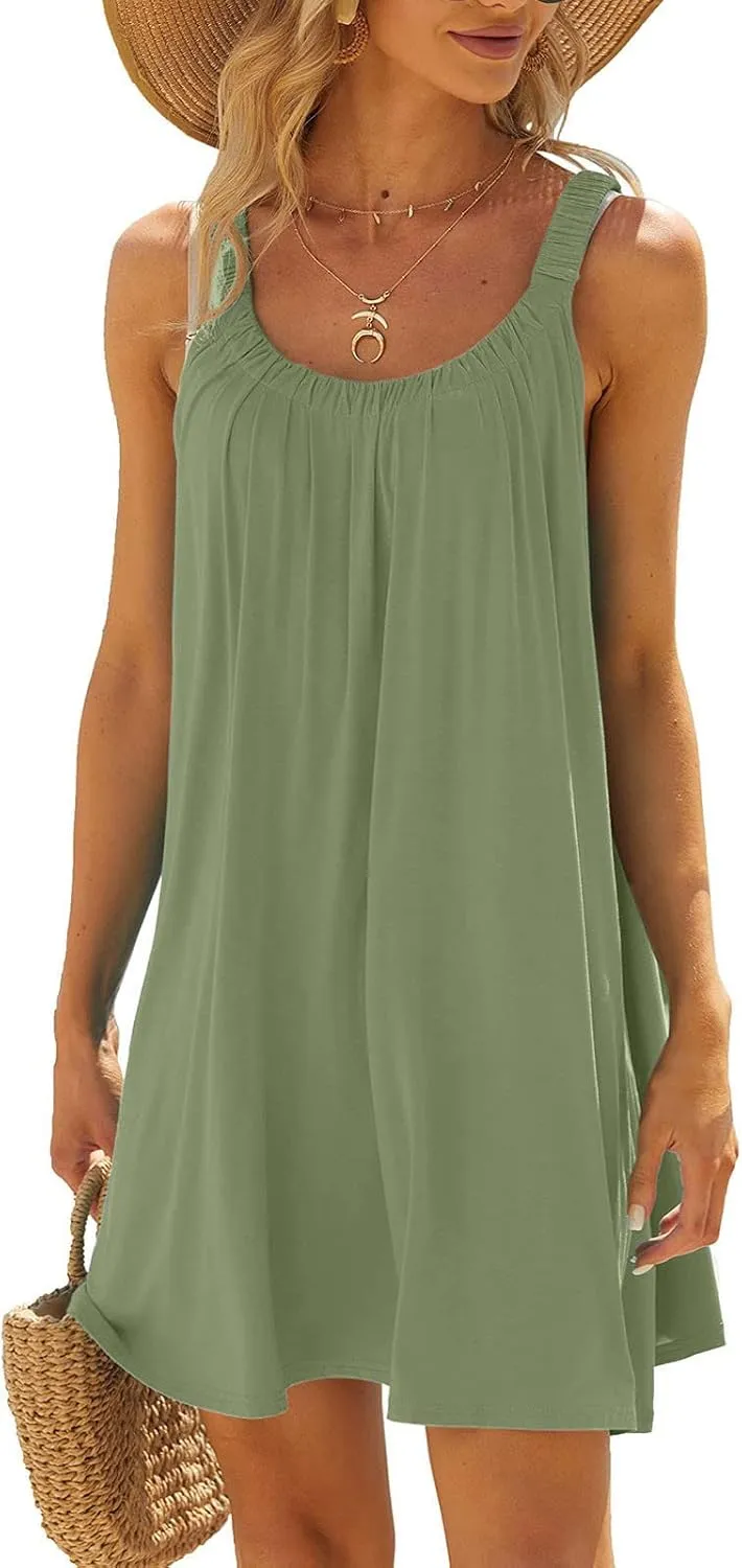 SMIDOW Sun Dresses for Women 2023 Beach Casual Summer Sleeveless Tshirt Dress Solid Swing Bikini Beachwear Cover Up
