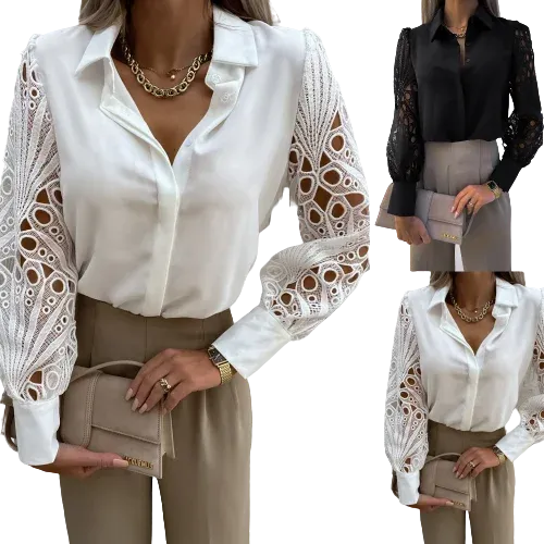 Solid Color Lace Stitching Long Sleeve Chiffon Blouses And Shirt Top