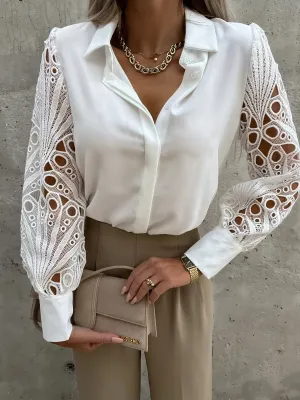 Solid Color Lace Stitching Long Sleeve Chiffon Blouses And Shirt Top