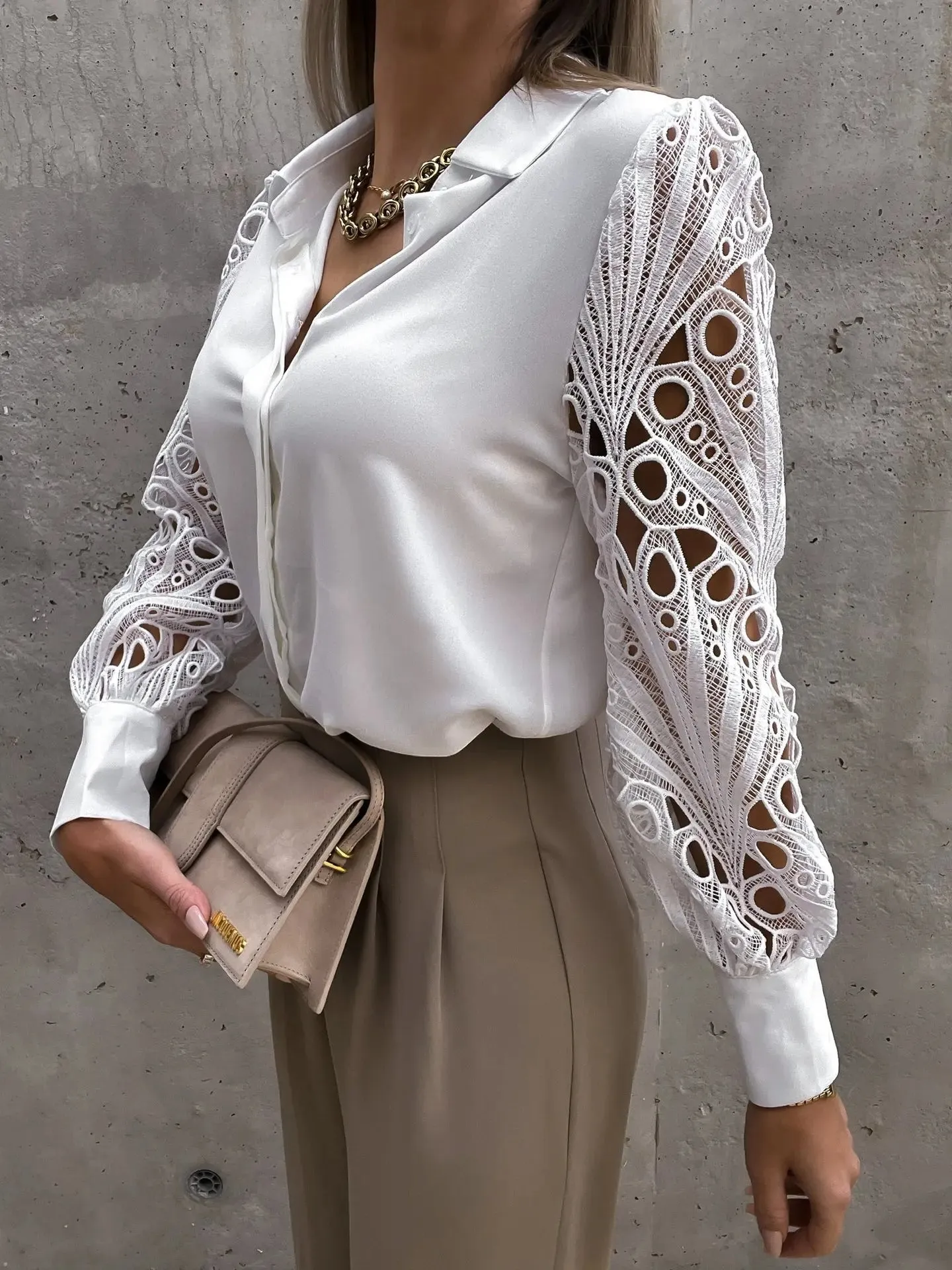 Solid Color Lace Stitching Long Sleeve Chiffon Blouses And Shirt Top