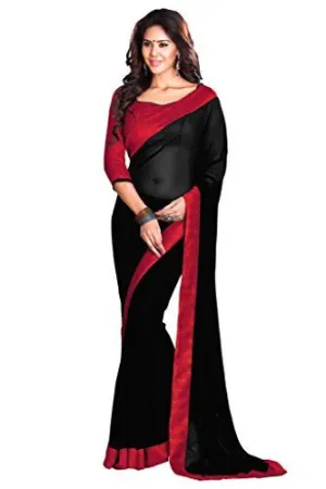 SOURBH Women's Faux Georgette Saree (7108_Black Red)