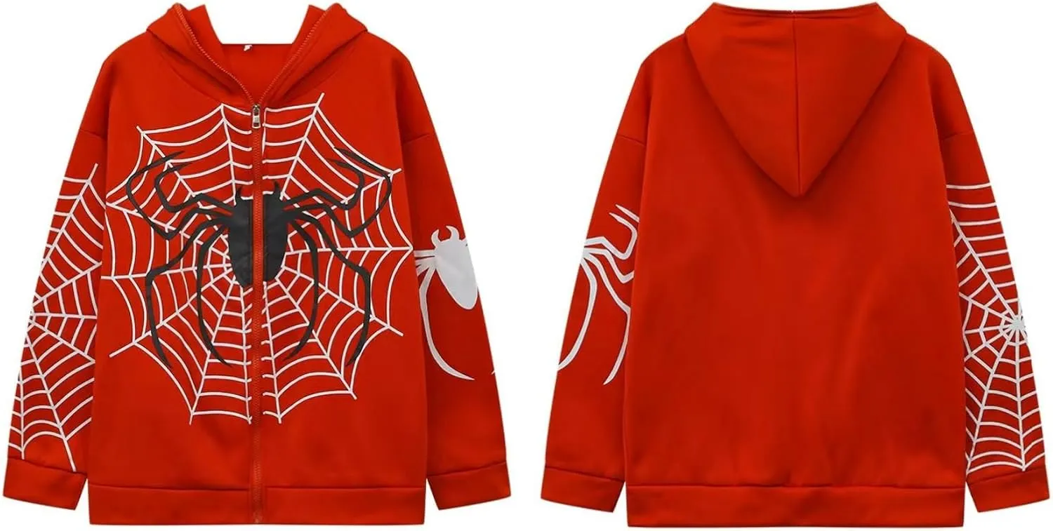 Spider Web Y2K Graphic Zip Up Hoodies Women Oversized Streetshirt E-Girl Long Sleeve Sweatwear Jackets Halloween