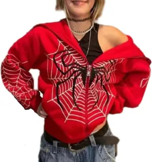 Spider Web Y2K Graphic Zip Up Hoodies Women Oversized Streetshirt E-Girl Long Sleeve Sweatwear Jackets Halloween