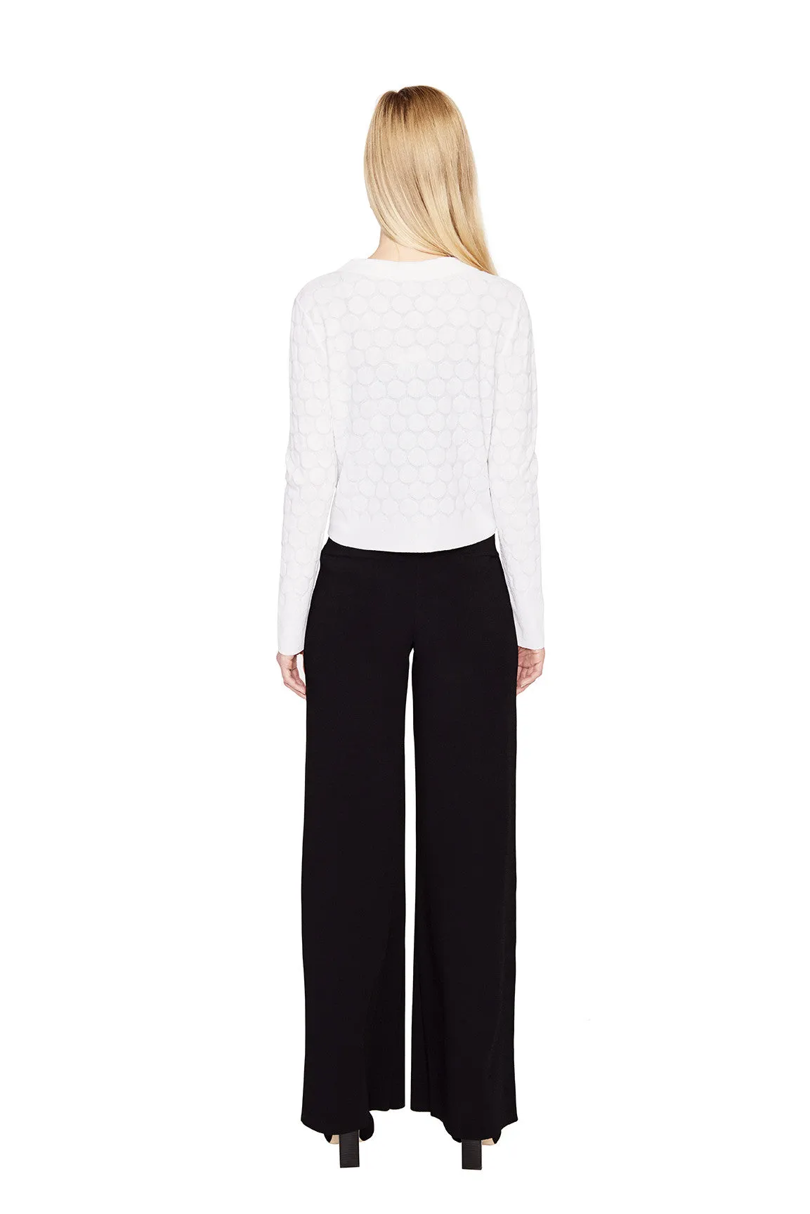Stephanie - Crepe Knit, Cropped Polka Dot Cardigan Sweater with Single Snap