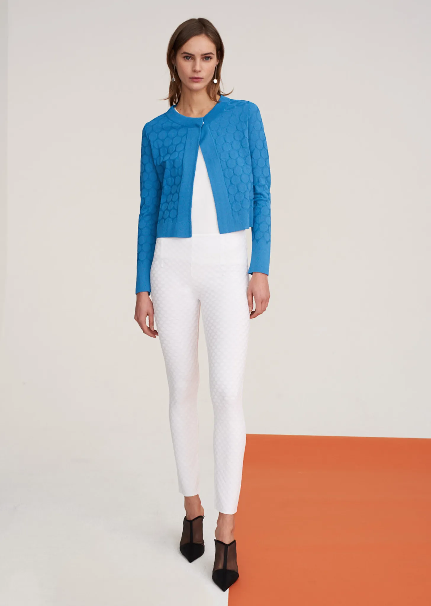 Stephanie - Crepe Knit, Cropped Polka Dot Cardigan Sweater with Single Snap