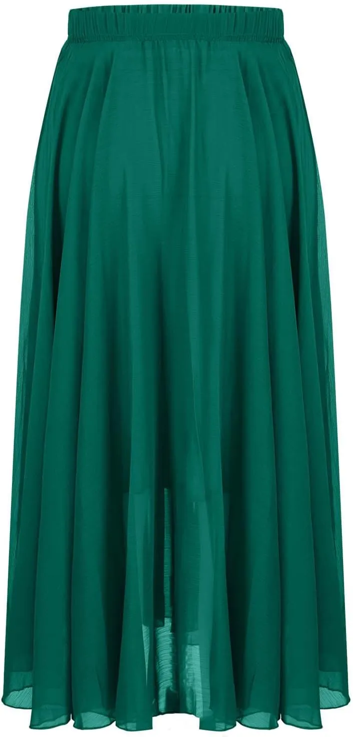 Summer Skirts for Women Vacation Elastic High Waisted Layer Flowy Beach Long Skirt Casual Solid Pleated Maxi Skirt