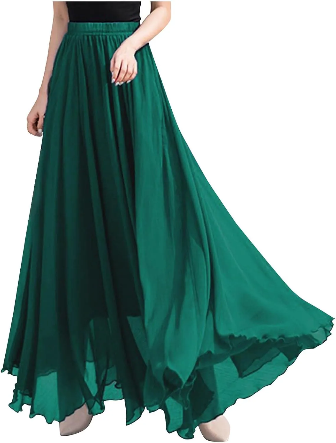 Summer Skirts for Women Vacation Elastic High Waisted Layer Flowy Beach Long Skirt Casual Solid Pleated Maxi Skirt