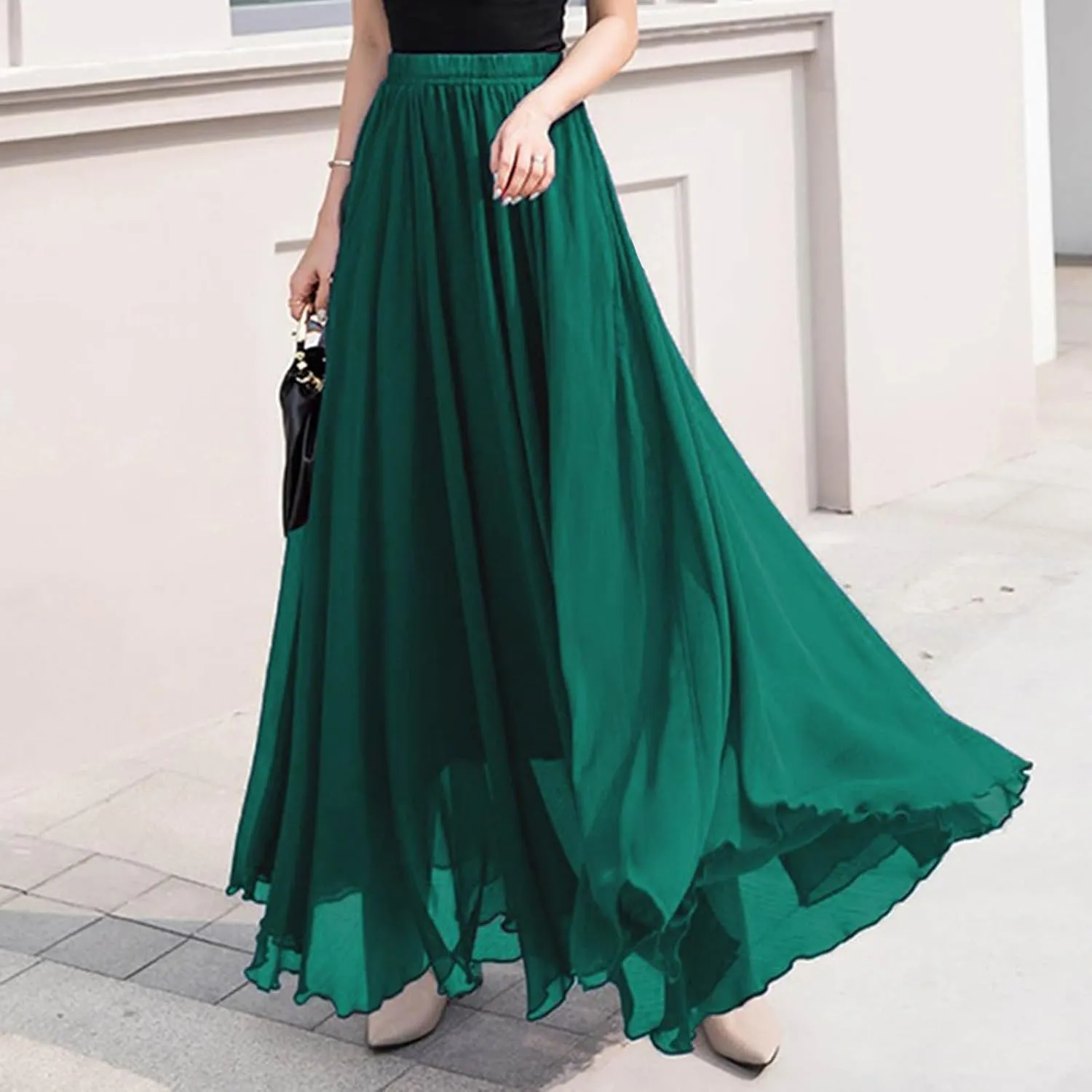 Summer Skirts for Women Vacation Elastic High Waisted Layer Flowy Beach Long Skirt Casual Solid Pleated Maxi Skirt