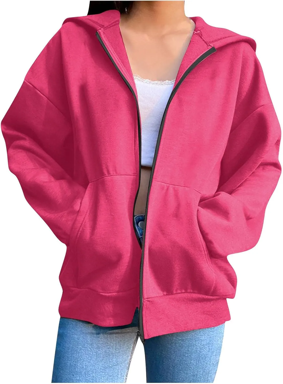 TANGNADE Women Hoodies Full Zip Up Oversized Sweatshirts with Pockets Casual Long Sleeve Thin Hooded Lightweight Jackets