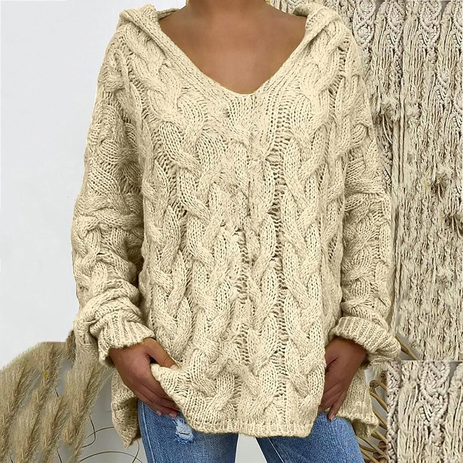 TANGNADE Womens Winter Sweaters Plus Size Hoodies Sweater Knit V Neck Tops Oversized Fashion Casual Long Sleeve Pullover