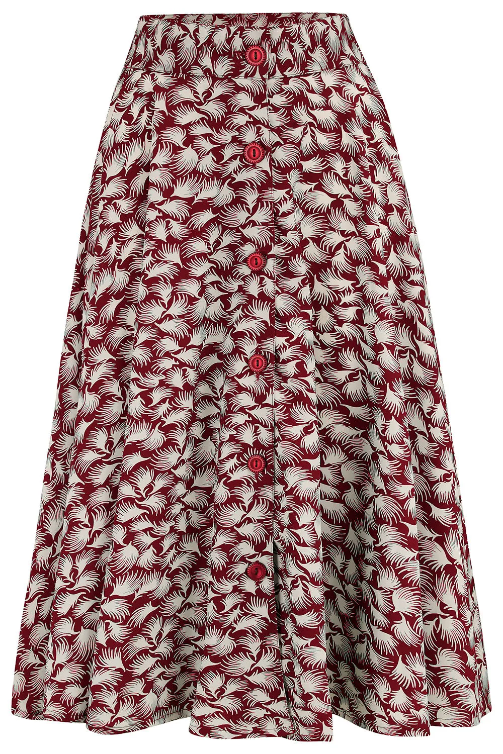 The "Beverly" Button Front Full Circle Skirt with Pockets in Wine Whisp Print, True 1950s Vintage Style