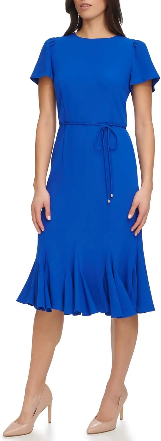 Tommy Hilfiger Women's Short Sleeve Pleated Hem Rope Belt Midi Dress