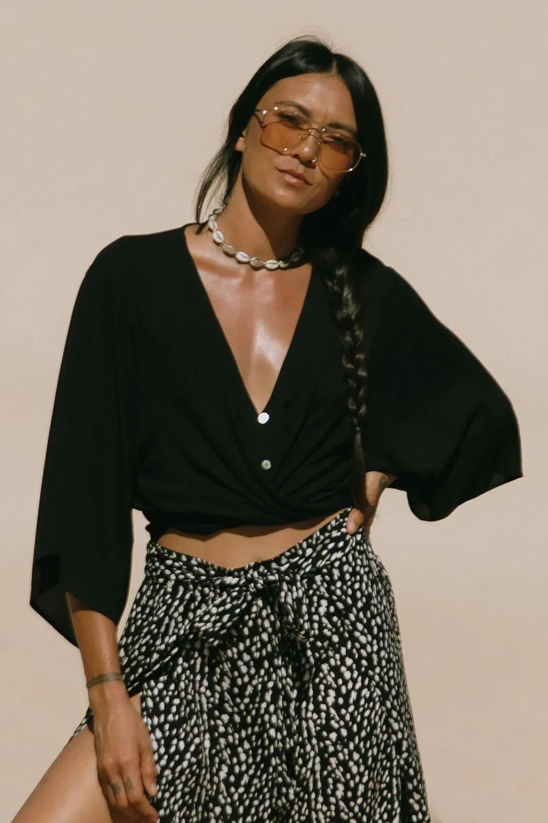 Tribal Kimono Tie Top - Black