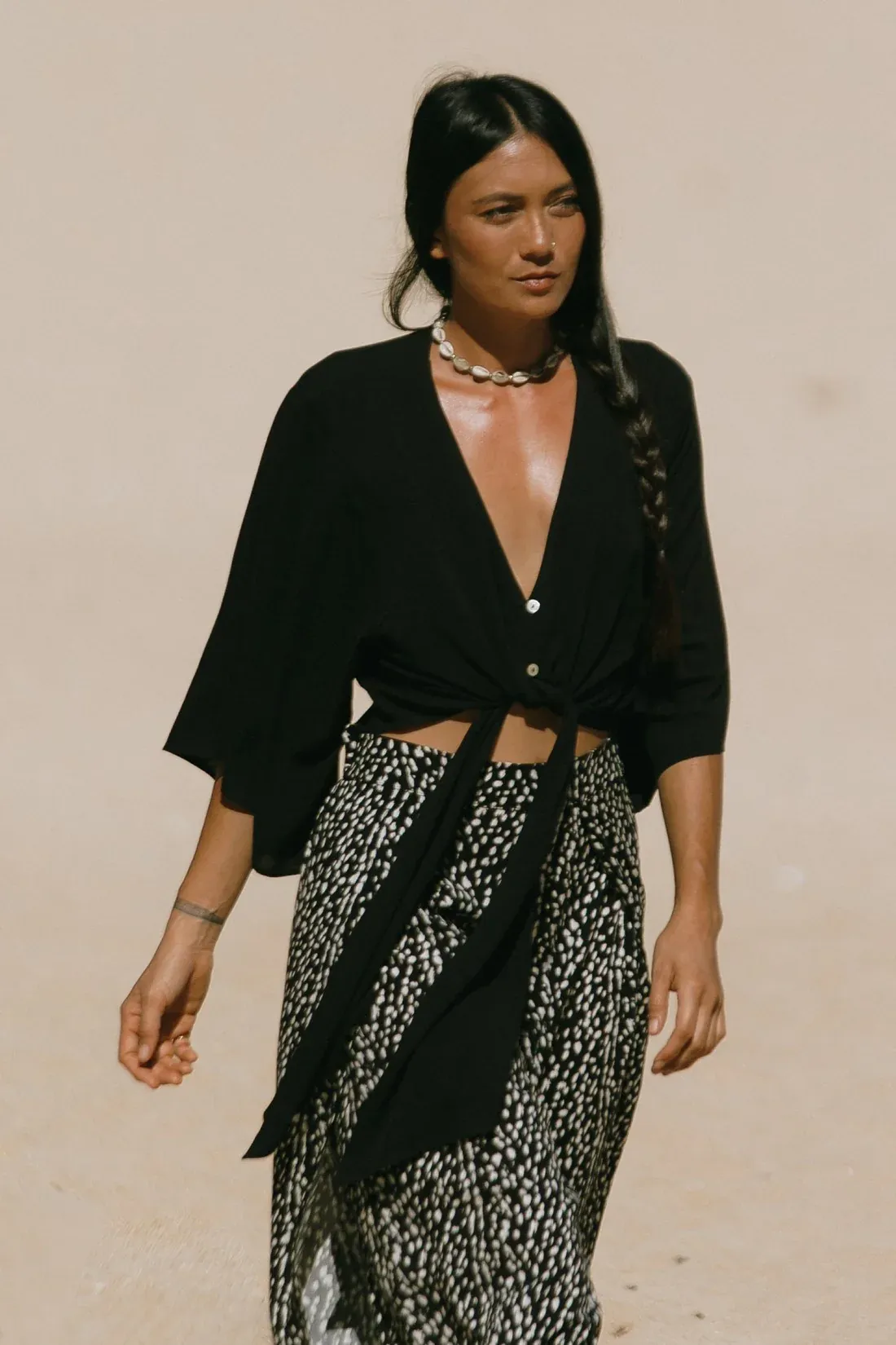 Tribal Kimono Tie Top - Black
