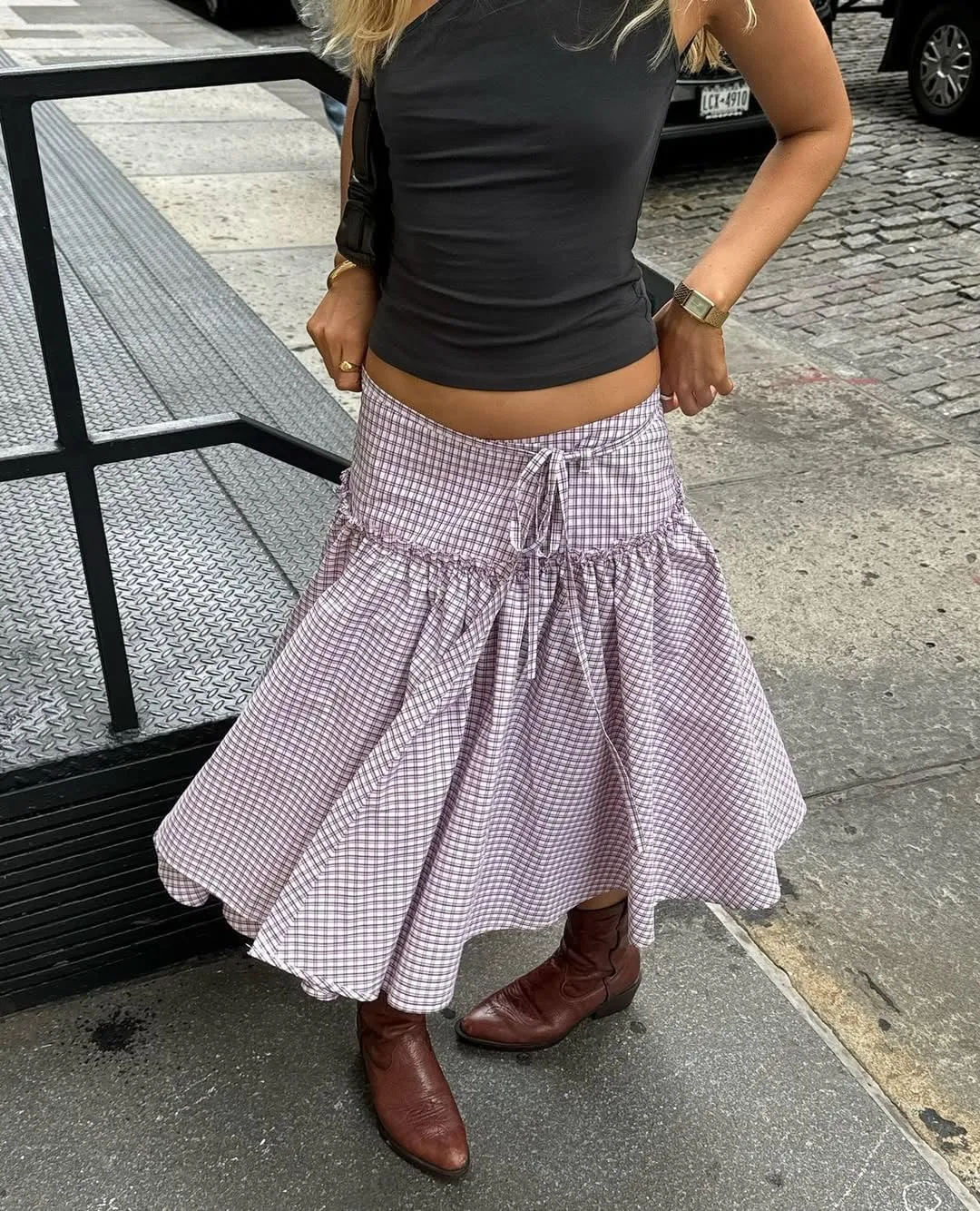 UAURORAO Women Gingham Midi Skirt Tie Up Waist Wrap Skirts Plaid Frill Ruffle Patchwork Maxi Skirt Vintage Streetwear