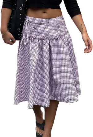 UAURORAO Women Gingham Midi Skirt Tie Up Waist Wrap Skirts Plaid Frill Ruffle Patchwork Maxi Skirt Vintage Streetwear
