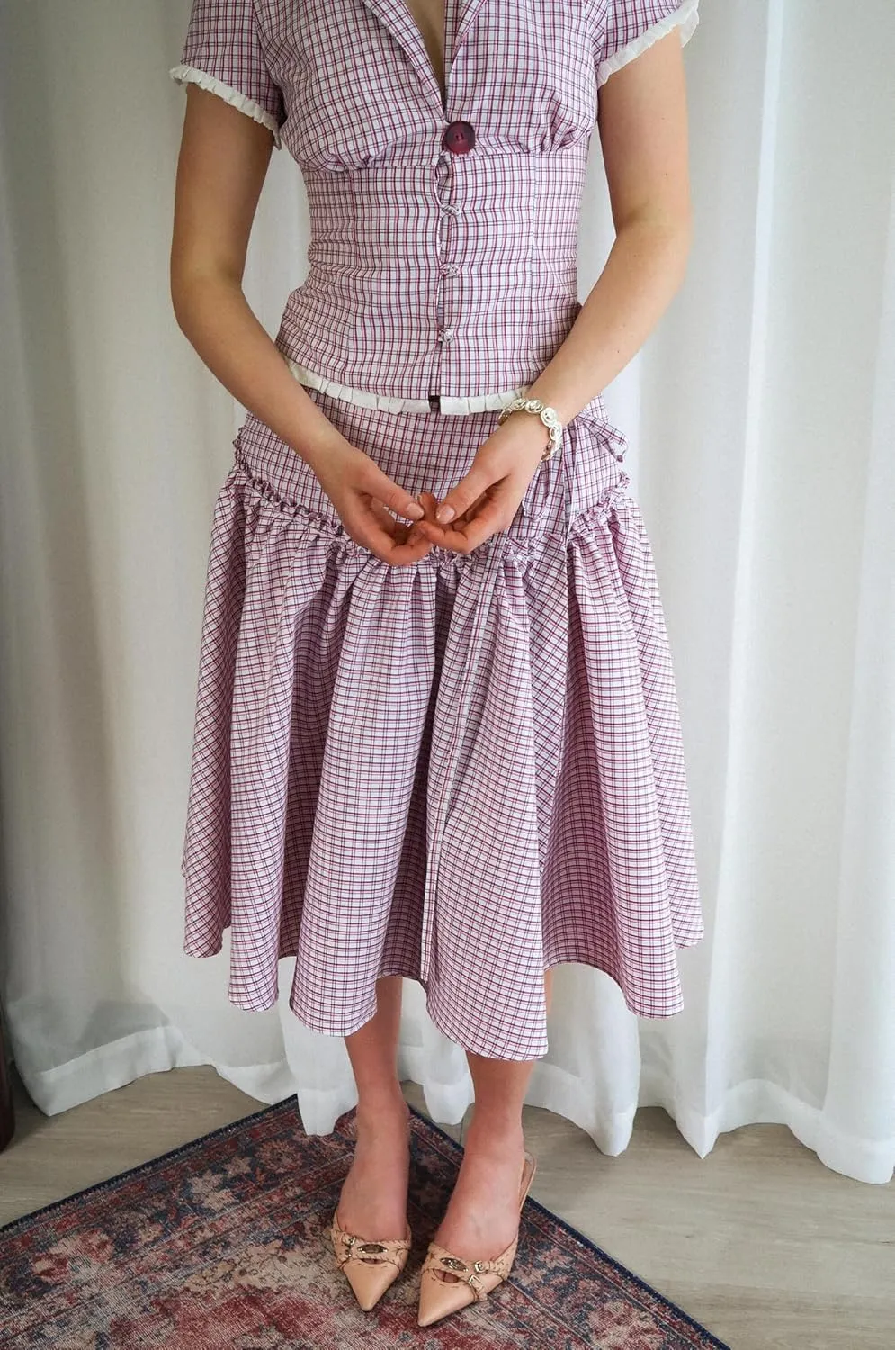 UAURORAO Women Gingham Midi Skirt Tie Up Waist Wrap Skirts Plaid Frill Ruffle Patchwork Maxi Skirt Vintage Streetwear