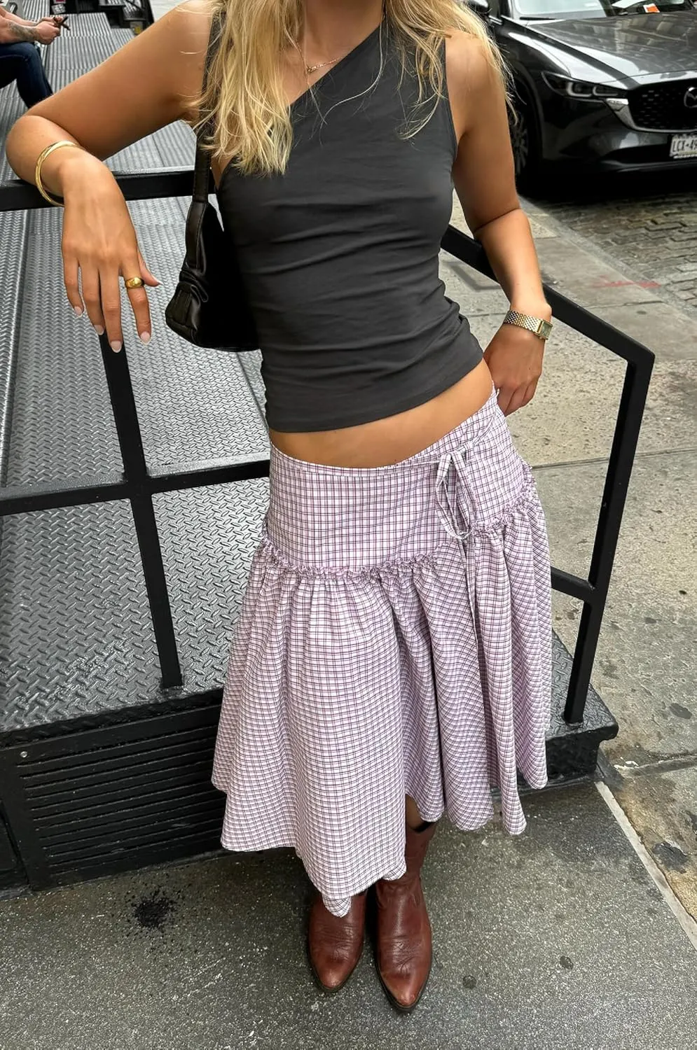 UAURORAO Women Gingham Midi Skirt Tie Up Waist Wrap Skirts Plaid Frill Ruffle Patchwork Maxi Skirt Vintage Streetwear