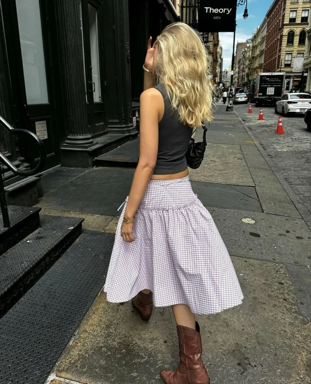 UAURORAO Women Gingham Midi Skirt Tie Up Waist Wrap Skirts Plaid Frill Ruffle Patchwork Maxi Skirt Vintage Streetwear