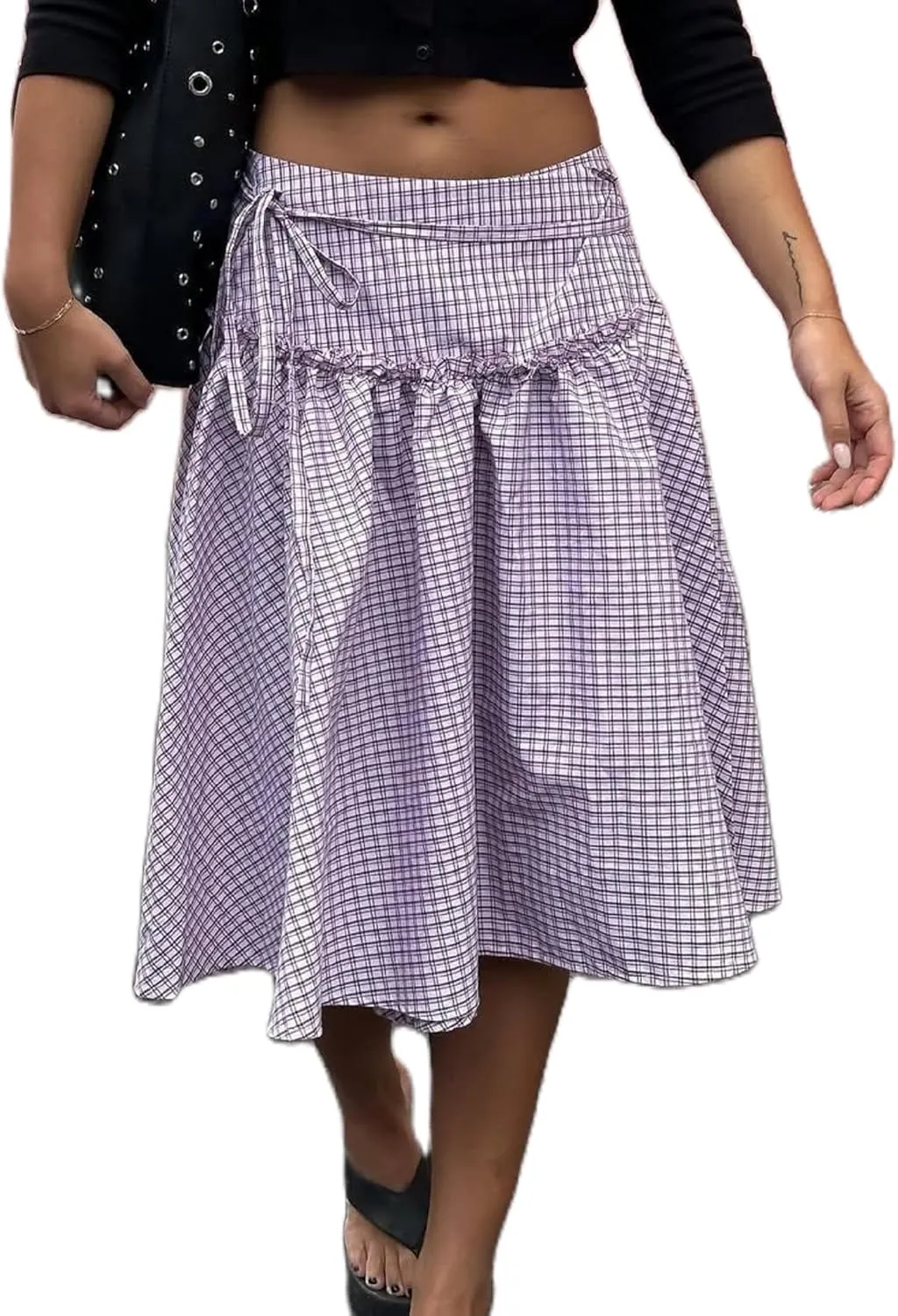 UAURORAO Women Gingham Midi Skirt Tie Up Waist Wrap Skirts Plaid Frill Ruffle Patchwork Maxi Skirt Vintage Streetwear