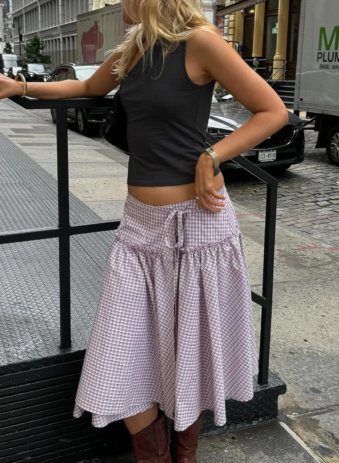UAURORAO Women Gingham Midi Skirt Tie Up Waist Wrap Skirts Plaid Frill Ruffle Patchwork Maxi Skirt Vintage Streetwear