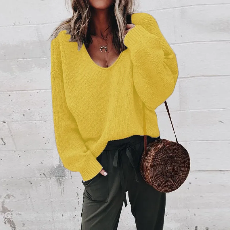 V-neck Bright Color Pullover Sweater 