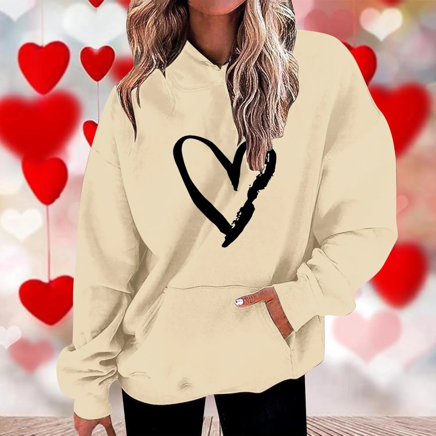 Valentines Hoodies For Women Dressy Casual 2025 Love Heart Print Oversized Fleece Hooded Pullover Sweatshirts