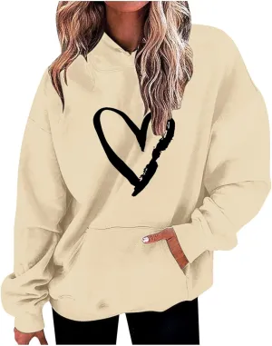 Valentines Hoodies For Women Dressy Casual 2025 Love Heart Print Oversized Fleece Hooded Pullover Sweatshirts