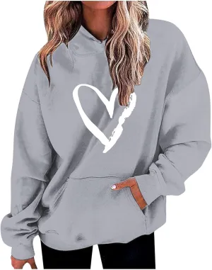 Valentines Hoodies For Women Dressy Casual 2025 Love Heart Print Oversized Fleece Hooded Pullover Sweatshirts