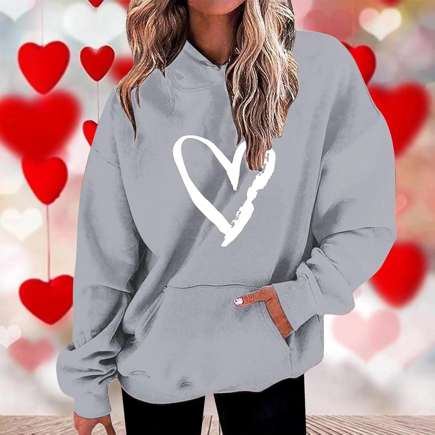 Valentines Hoodies For Women Dressy Casual 2025 Love Heart Print Oversized Fleece Hooded Pullover Sweatshirts