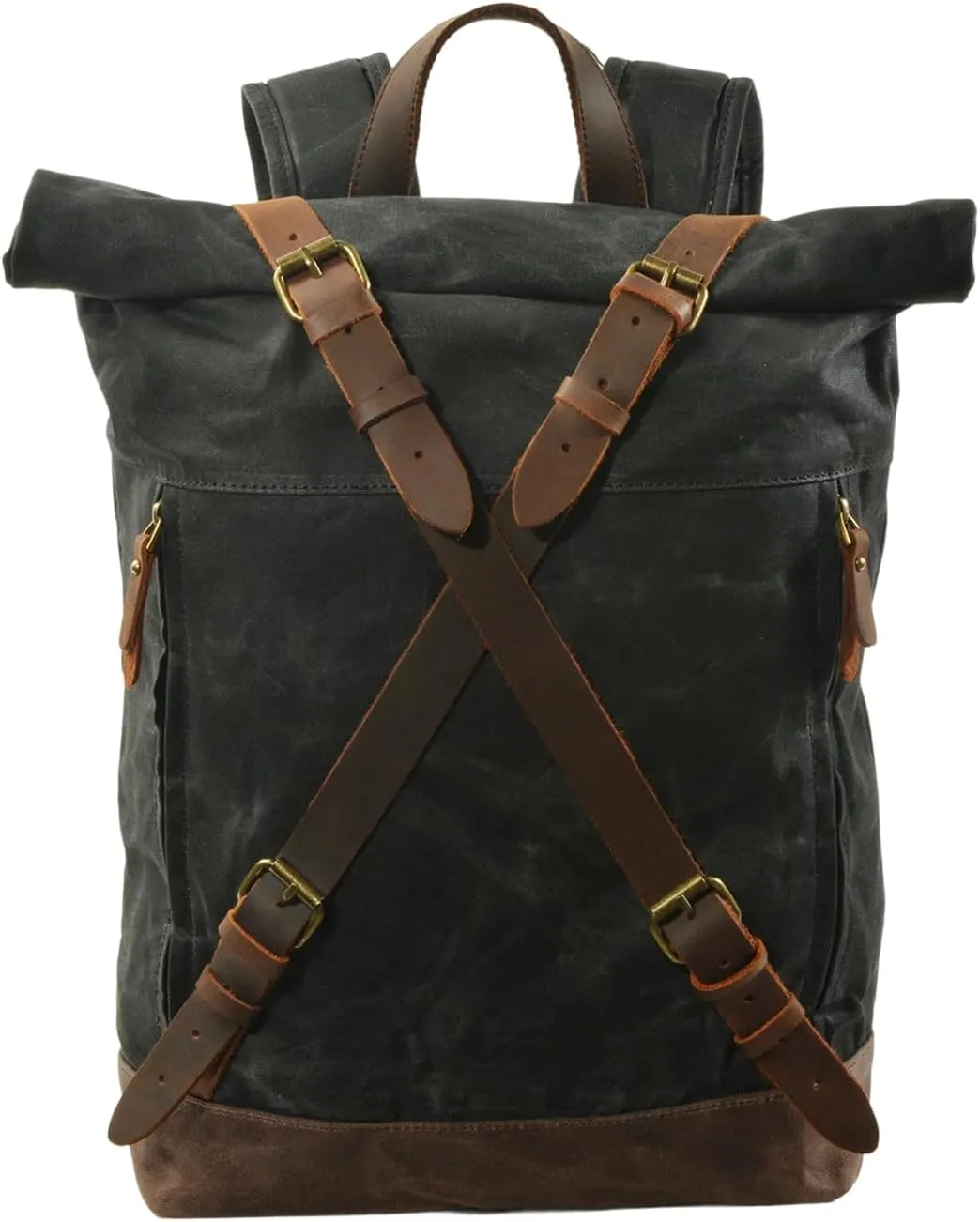 Vintage Canvas Laptop Backpack, Travel Rucksack, Genuine Leather, Adjustable Straps, Large Capacity, Outdoor, Multi-pocket (Black)