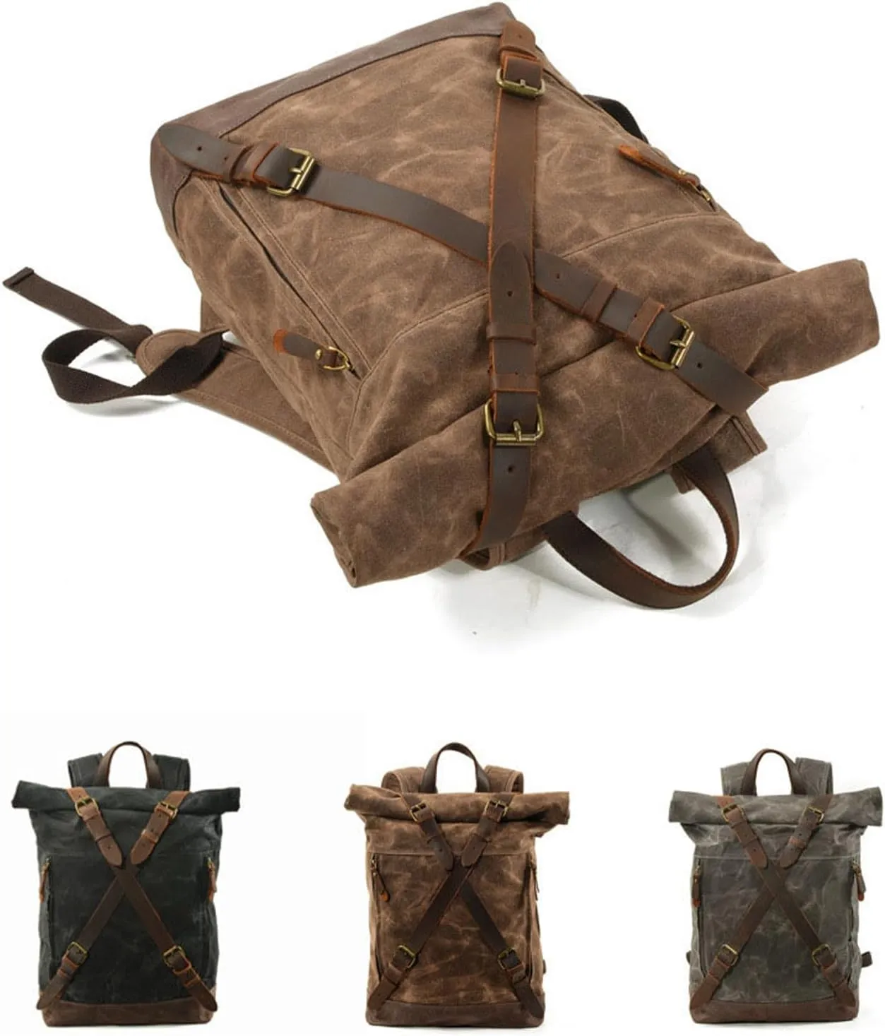 Vintage Canvas Laptop Backpack, Travel Rucksack, Genuine Leather, Adjustable Straps, Large Capacity, Outdoor, Multi-pocket (Green)