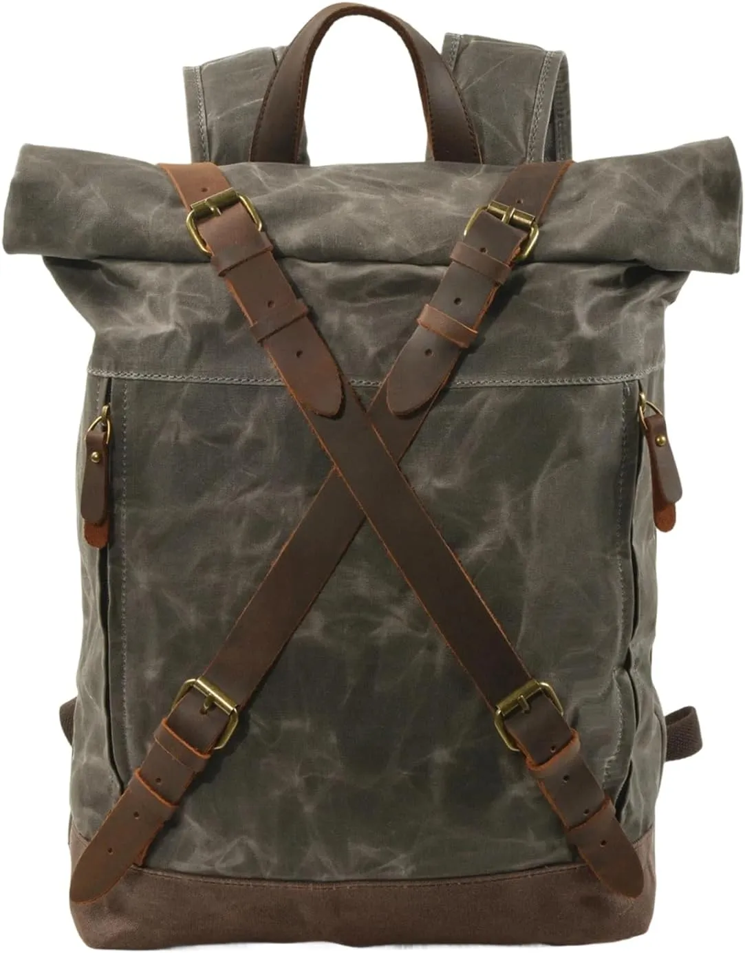 Vintage Canvas Laptop Backpack, Travel Rucksack, Genuine Leather, Adjustable Straps, Large Capacity, Outdoor, Multi-pocket (Green)