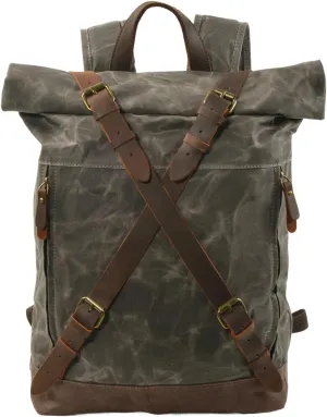Vintage Canvas Laptop Backpack, Travel Rucksack, Genuine Leather, Adjustable Straps, Large Capacity, Outdoor, Multi-pocket (Green)