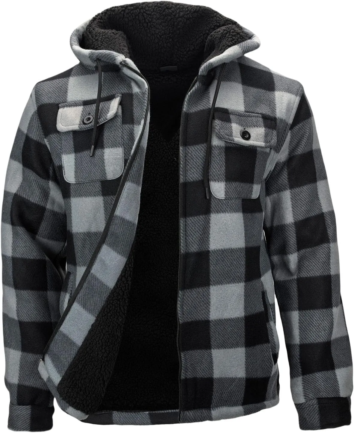 Warm Winter Coats for Men, Flannel Fleece Jackets With Hood Zip Up Heavyweight Hoodie Plaid Thick Sweatshirt