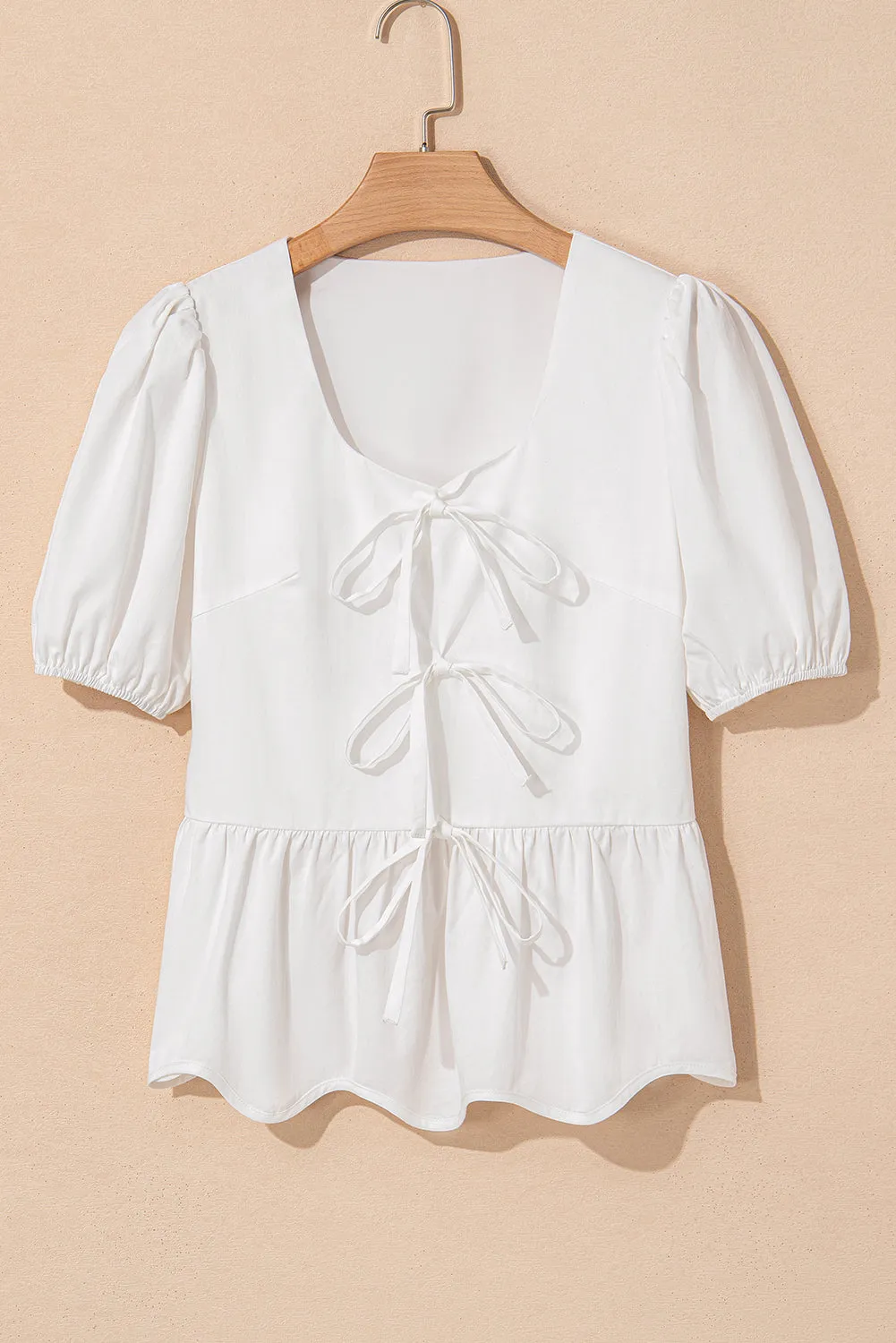 White Bow Knot Decor Square Neck Puff Sleeve Peplum Top