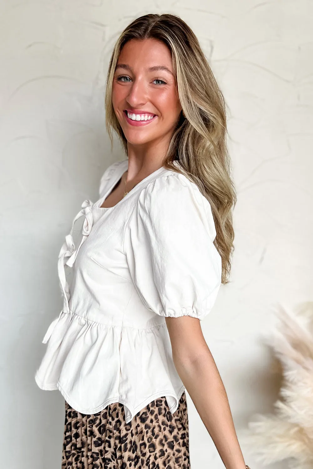 White Bow Knot Decor Square Neck Puff Sleeve Peplum Top