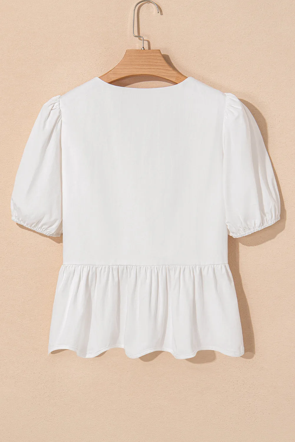 White Bow Knot Decor Square Neck Puff Sleeve Peplum Top