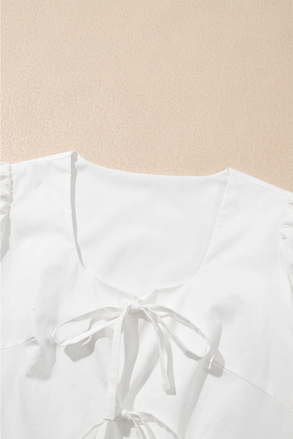 White Bow Knot Decor Square Neck Puff Sleeve Peplum Top