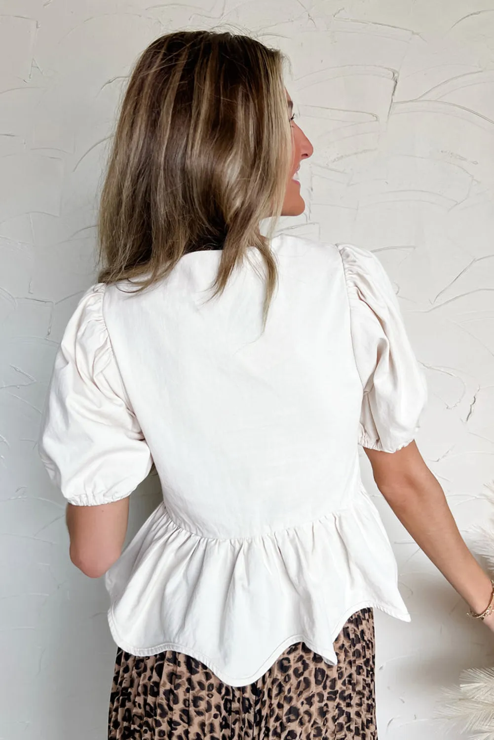 White Bow Knot Decor Square Neck Puff Sleeve Peplum Top