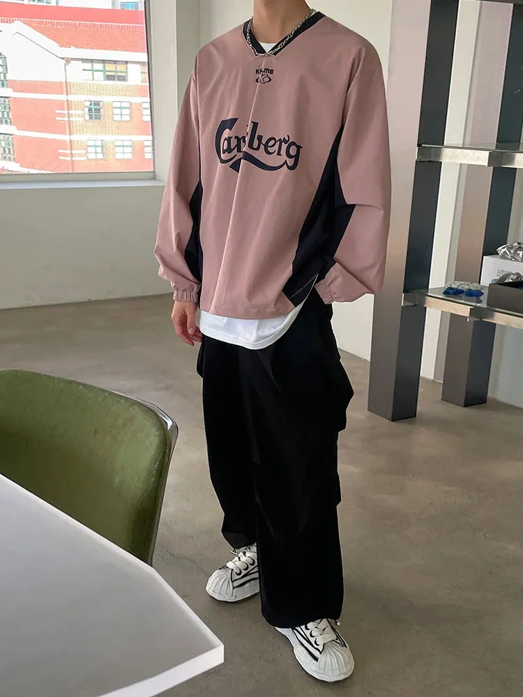 Wiaofellas  -  Men's Clothing Spring V-neck Print Sweatshirt Ins Trendy Fashion Korean Streetwear Loose Sweatshirts Tops