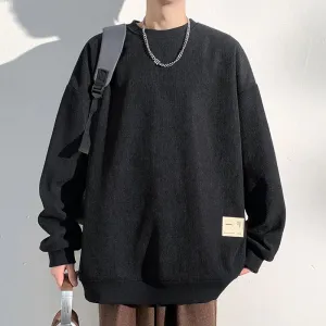 Wiaofellas  -  Spring Trendy Solid Round Neck Sweatshirts Ment's Long Sleeve Casual Pullover Tops Streetwear Black Beige Brownish