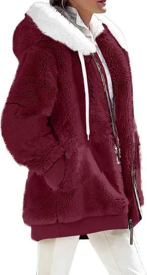Winter Coats for Women Plus Size Fuzzy Sherpa Jacket Hoodies Color Block Warm Faux Fur Coat Outerwear with Pocket S-5X