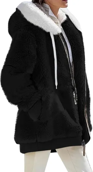 Winter Coats for Women Plus Size Fuzzy Sherpa Jacket Hoodies Color Block Warm Faux Fur Coat Outerwear with Pocket S-5X